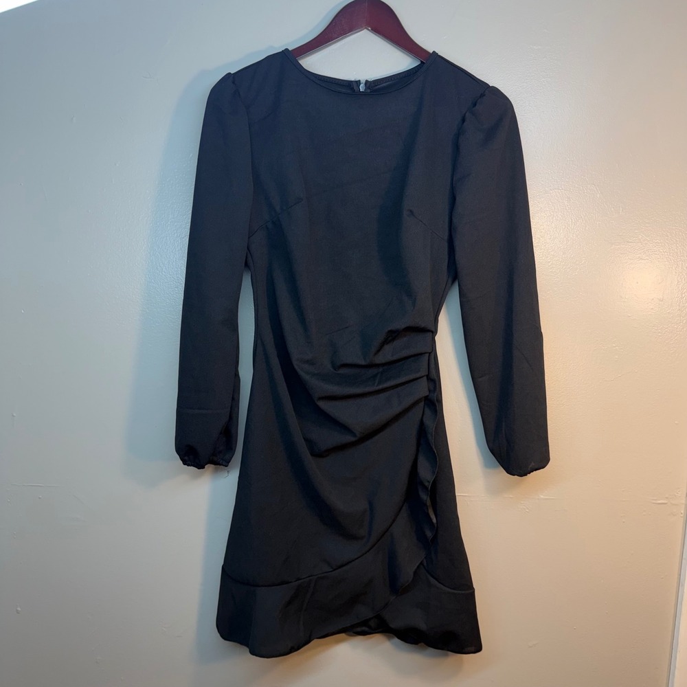 Women Black Long Sleeve Ruched Ruffle Mini Dress Size M Cocktail Party